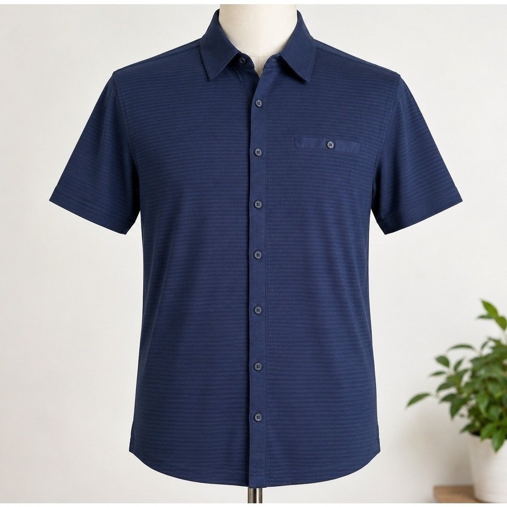 Alfani Mens Regular Fit Navy Blue Short Sleeve Button Down Cotton Shirt Medium